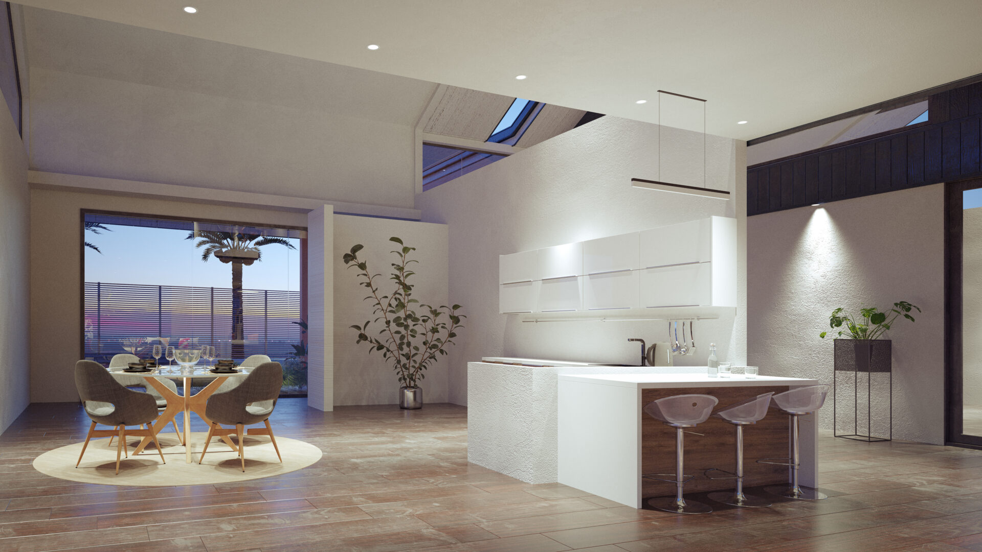 A kitchen with white cabinets and a large window.