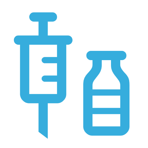 A blue pixel art of an injection and a bottle.