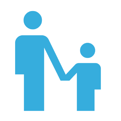 A blue icon of a man and child holding hands.