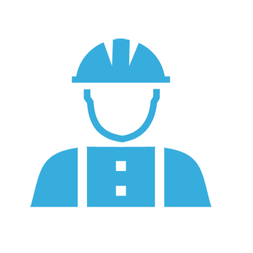 A blue icon of a man wearing a hard hat.