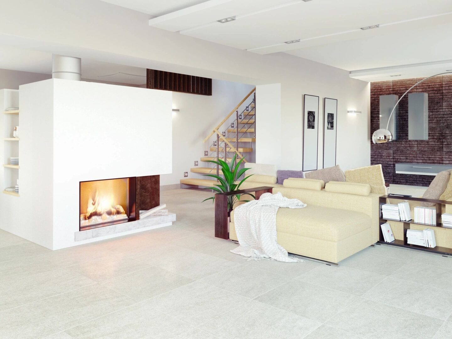 A living room with white tile floors and fireplace.